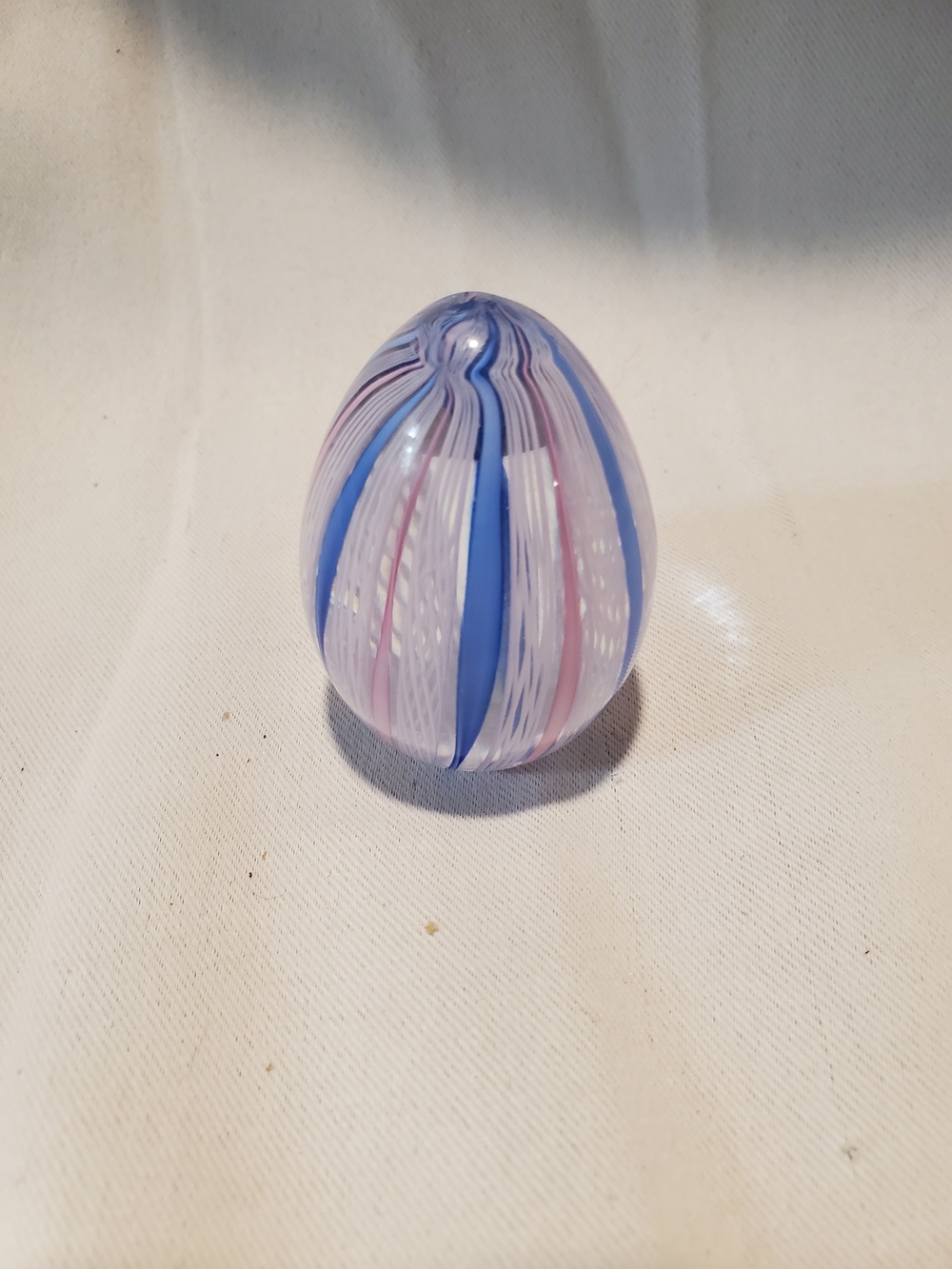 Vintage Murano Glass Latticino Ribbon Egg Paperweight - Signed w/ Original Label